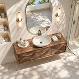 Architectural bathroom vanity in natural solid wood with fluid carved door styling