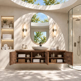 Minimalist wall hung vanity in natural solid wood with a continuous wave facade look