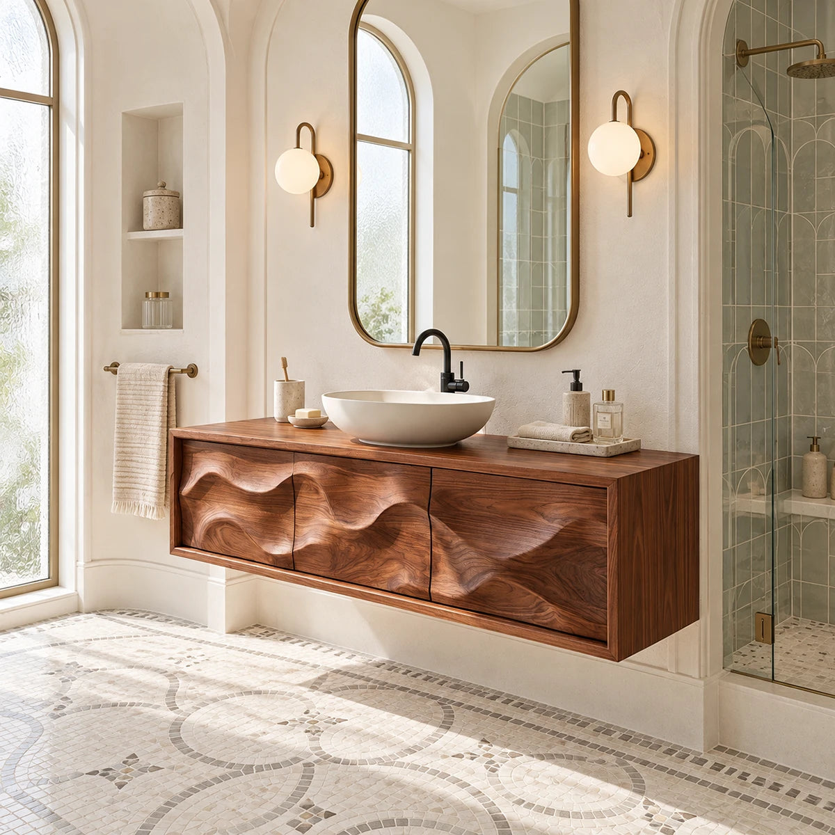 Designer bath vanity in natural solid wood with bold sculptural wave front texture
