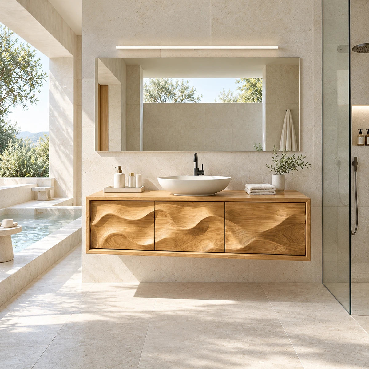 Refined bathroom cabinet in natural solid wood with horizontal carved movement lines