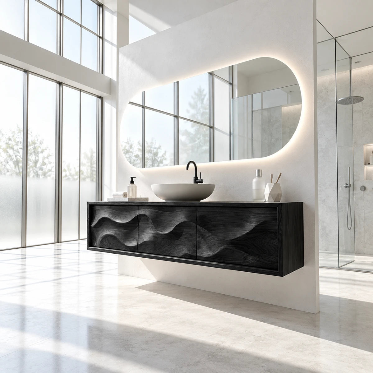 Statement floating vanity in natural solid wood with dynamic ripple front panels