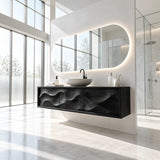 Statement floating vanity in natural solid wood with dynamic ripple front panels