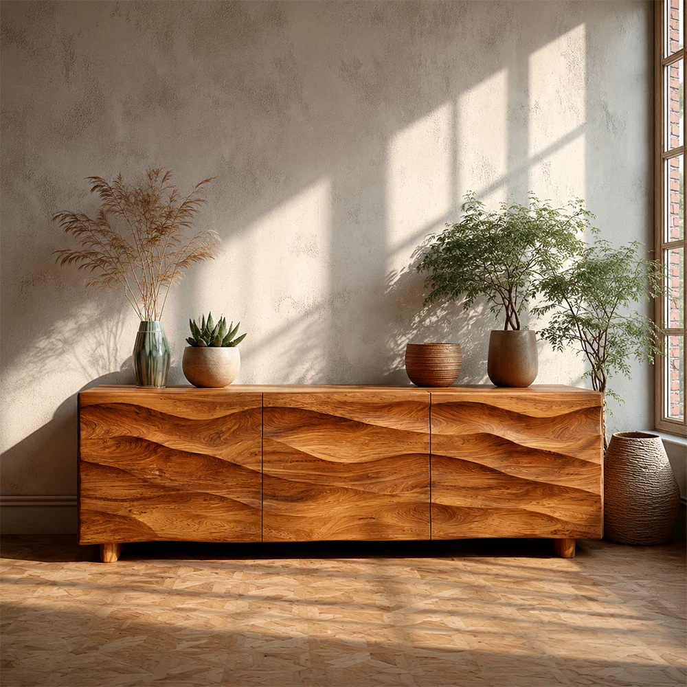 Sculpted Wave Front TV Stand in Natural Solid Wood with Hidden Storage - ArborisWood - 3