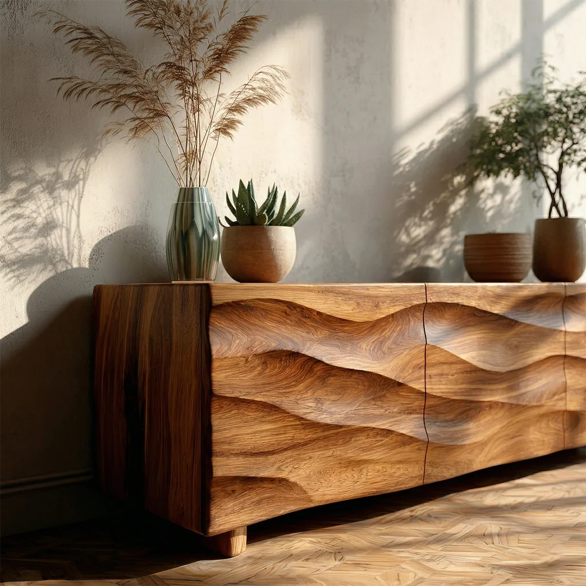 Sculpted Wave Front TV Stand in Natural Solid Wood with Hidden Storage - ArborisWood - 4