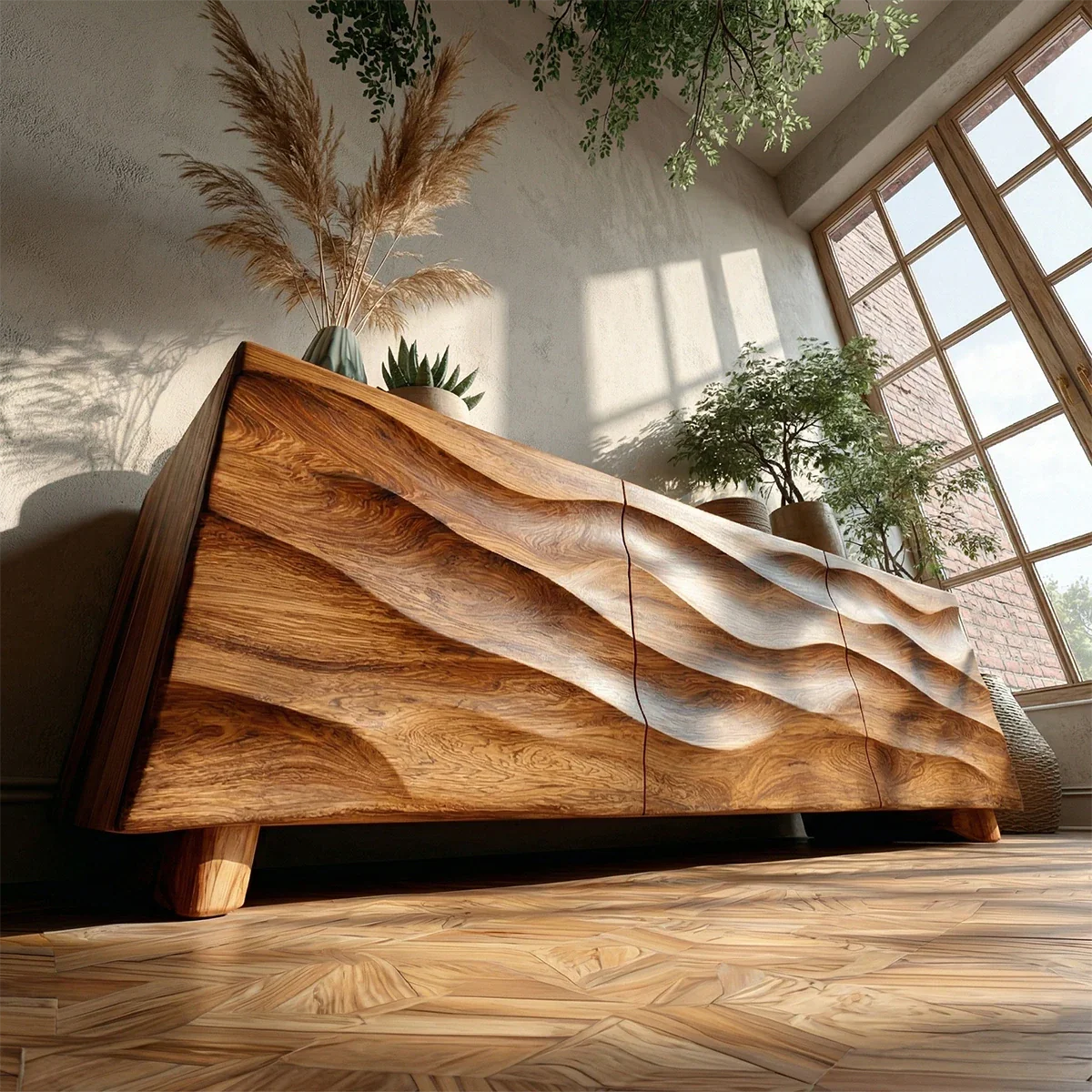 Sculpted Wave Front TV Stand in Natural Solid Wood with Hidden Storage - ArborisWood - 5