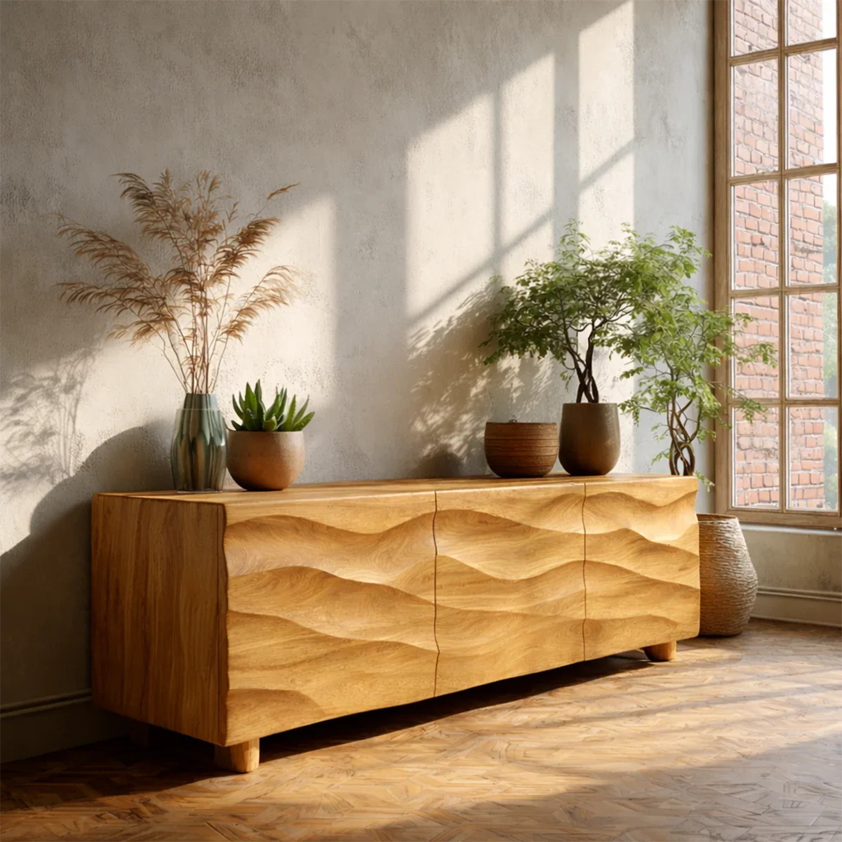 Sculpted Wave Front TV Stand in Natural Solid Wood with Hidden Storage - ArborisWood - 8