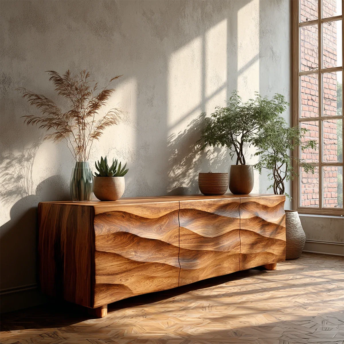 Sculpted Wave Front TV Stand in Natural Solid Wood with Hidden Storage - ArborisWood