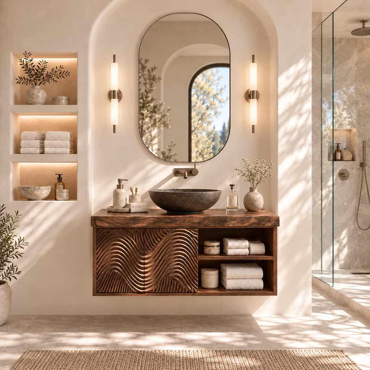 Wall hung bathroom vanity in natural solid wood with carved panels and open storage