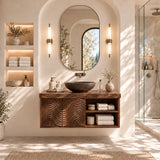 Wall hung bathroom vanity in natural solid wood with carved panels and open storage