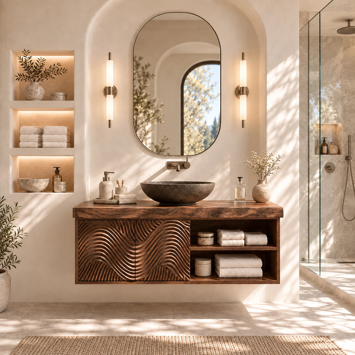 Modern vanity cabinet in natural solid wood with wave fronts and practical side shelves
