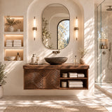 Modern vanity cabinet in natural solid wood with wave fronts and practical side shelves