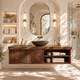 Natural solid wood bathroom vanity with sculpted doors and spacious open shelving