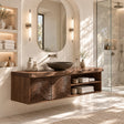 Floating bathroom vanity in natural solid wood with carved wave doors and open shelves