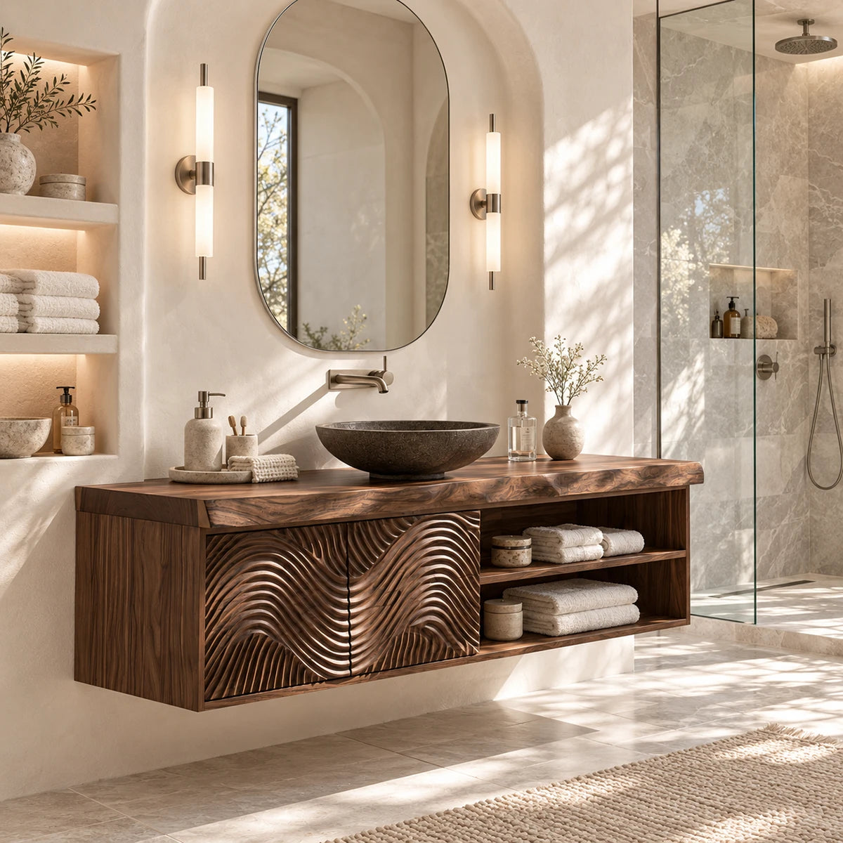 Floating bathroom vanity in natural solid wood with carved wave doors and open shelves