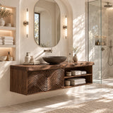 Floating bathroom vanity in natural solid wood with carved wave doors and open shelves