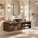 Clean lined vanity unit in natural solid wood with sculpted doors and towel shelves
