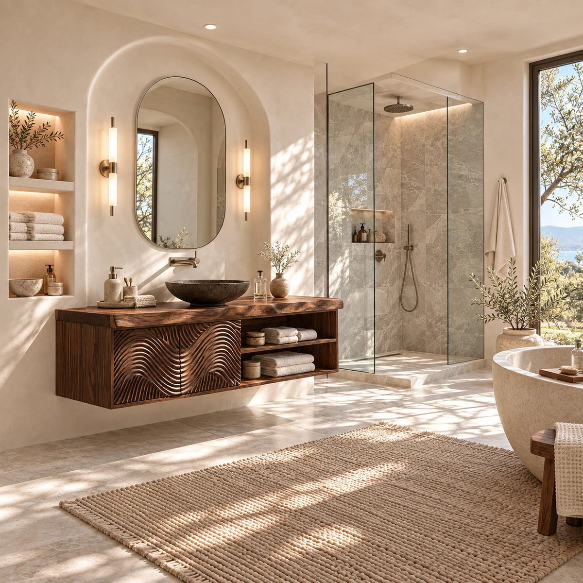 Modern wall mounted vanity in natural solid wood with sculpted fronts and towel storage