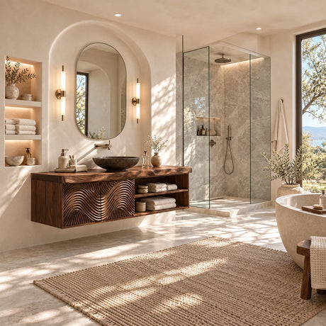 Modern wall mounted vanity in natural solid wood with sculpted fronts and towel storage