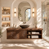 Open shelf bathroom vanity in natural solid wood with two carved doors and side shelving