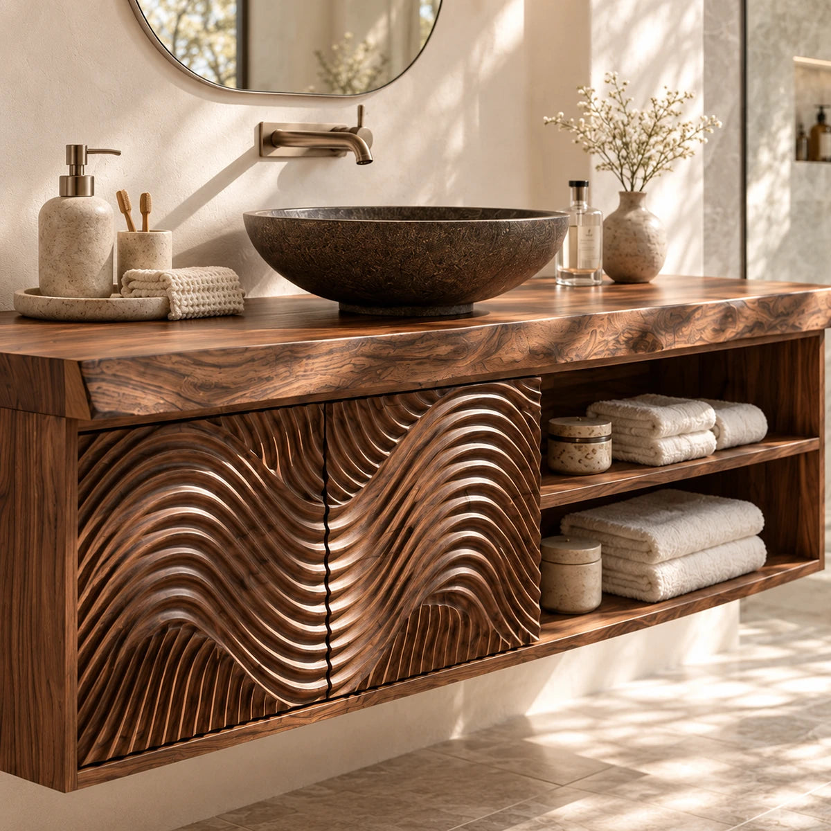 Contemporary bath vanity in natural solid wood with wave panels and open cubby storage