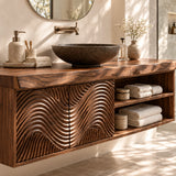 Contemporary bath vanity in natural solid wood with wave panels and open cubby storage