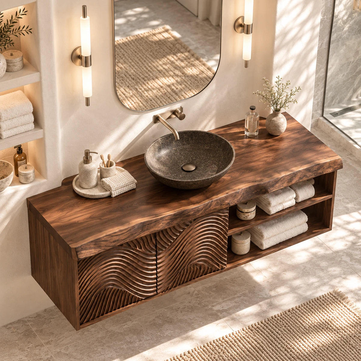 Designer bathroom vanity in natural solid wood with sculptural doors and side shelves
