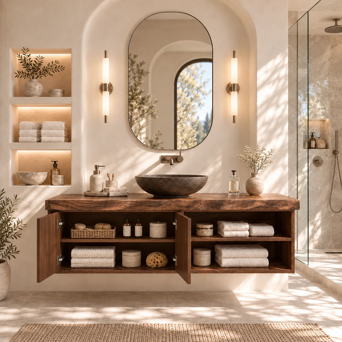 Minimalist vanity cabinet in natural solid wood with floating form and open towel space