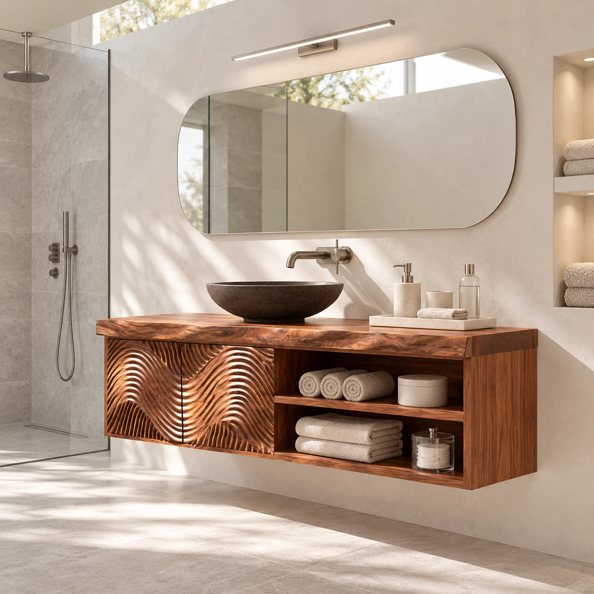 Storage focused bath vanity in natural solid wood with carved fronts and shelf storage