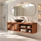 Storage focused bath vanity in natural solid wood with carved fronts and shelf storage