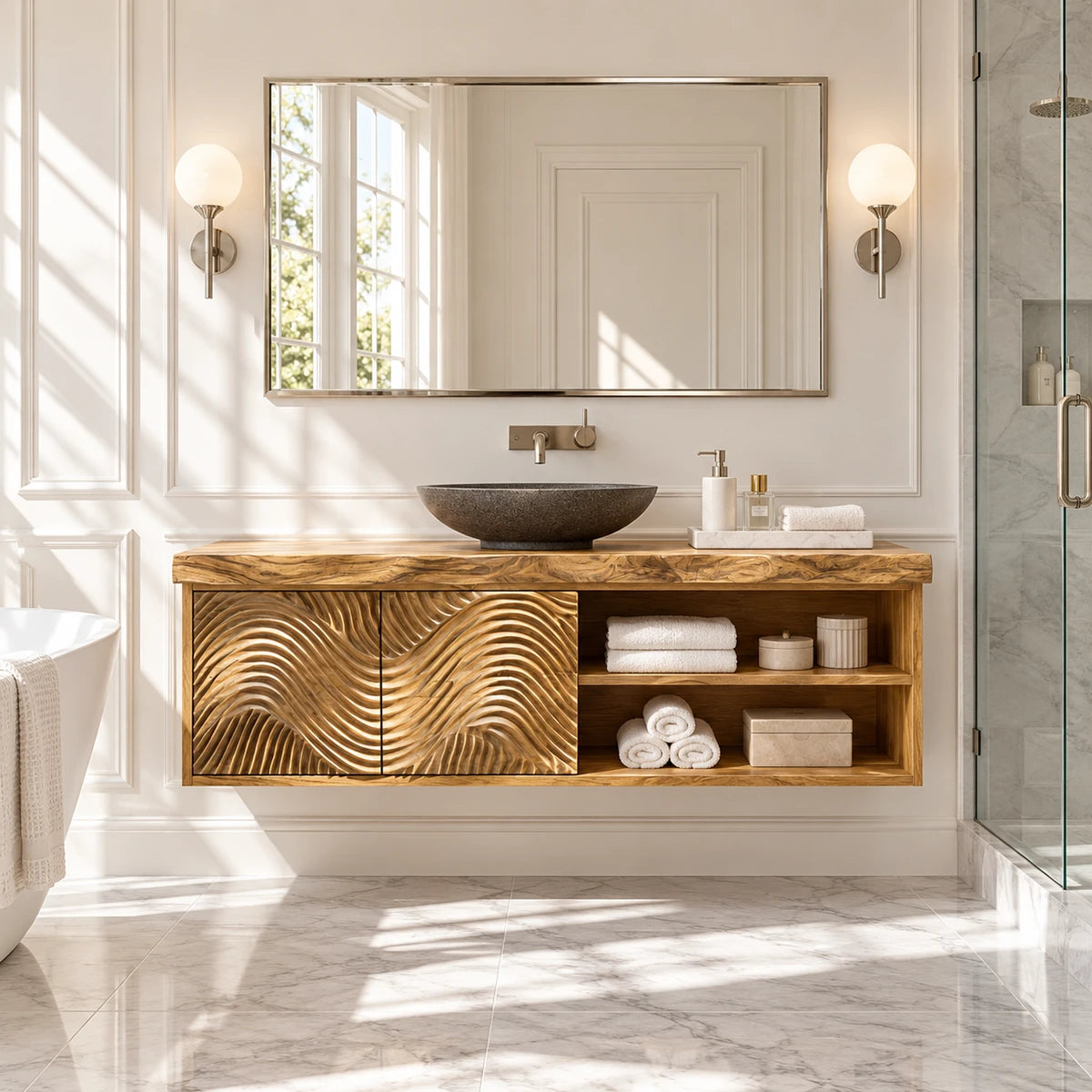 Refined floating vanity in natural solid wood with wave carved doors and open shelving