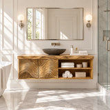 Refined floating vanity in natural solid wood with wave carved doors and open shelving
