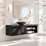 Statement bathroom vanity in natural solid wood with textured panels and side cubbies
