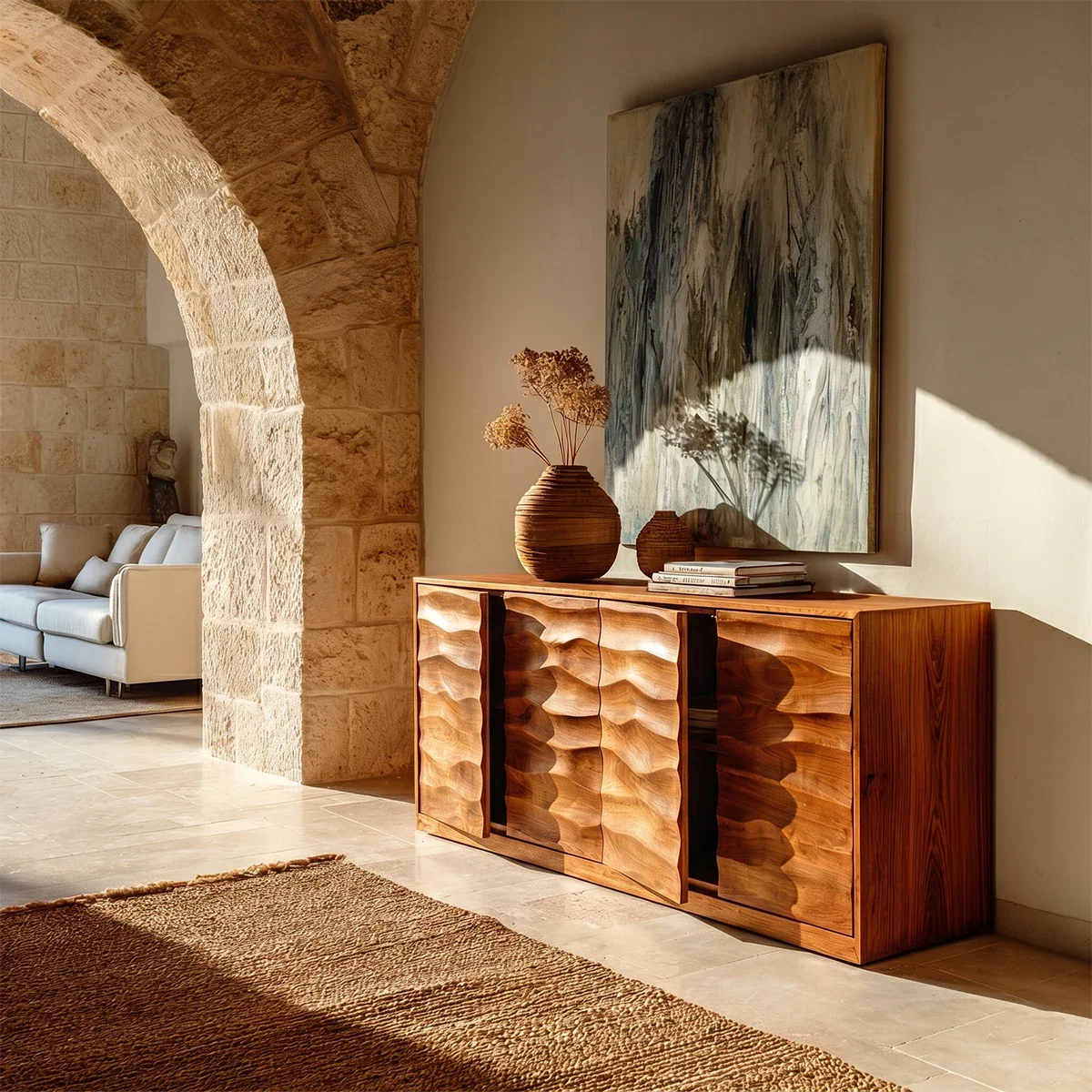 Decorative storage sideboard with flowing carved surfaces and modern architectural styling
