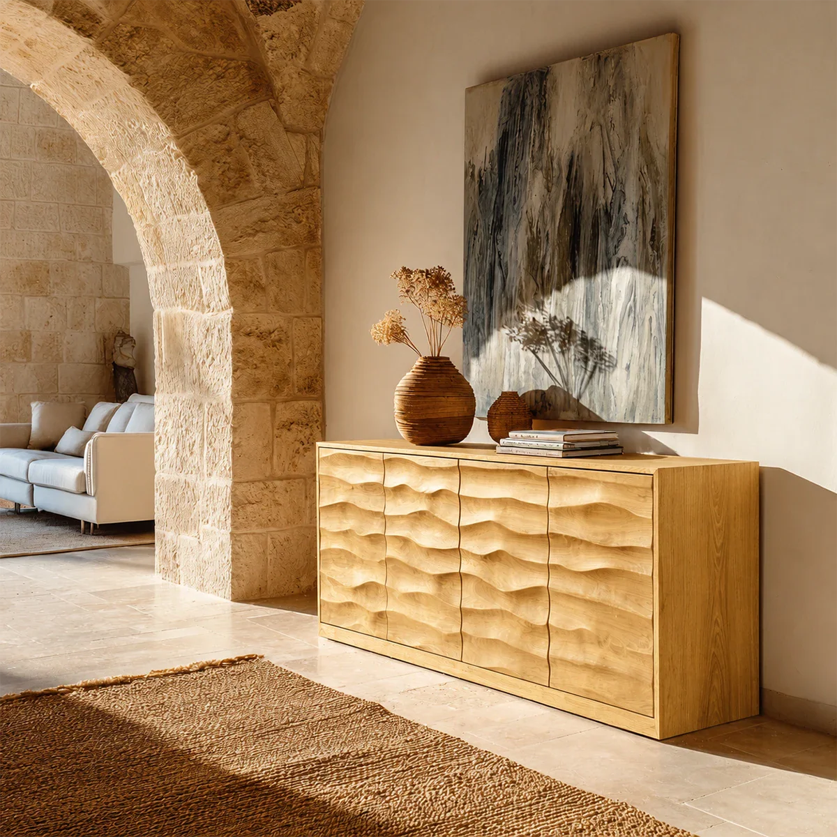 Contemporary sideboard cabinet with artistic carved surfaces and elegant room presence
