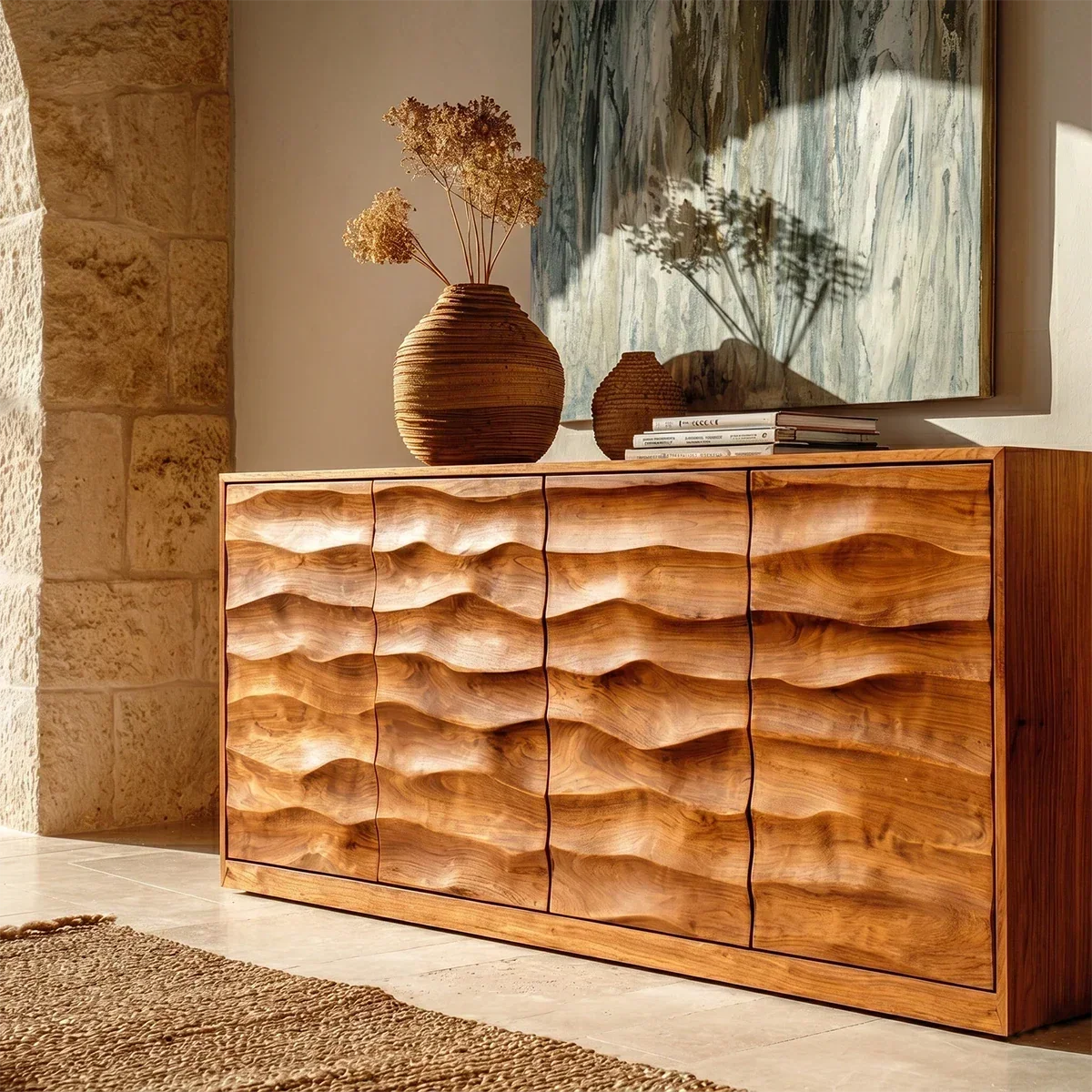 Sculpted Wave Sideboard Cabinet in Natural Solid Wood for Elegant Interiors - ArborisWood - 5