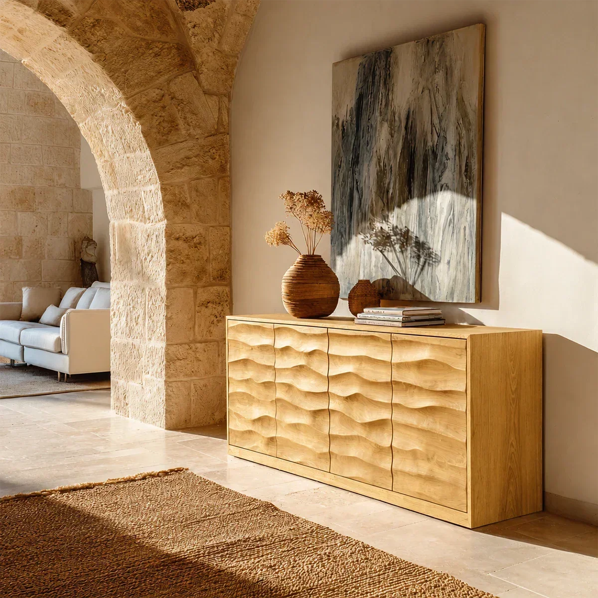 Sculpted Wave Sideboard Cabinet in Natural Solid Wood for Elegant Interiors - ArborisWood - 9