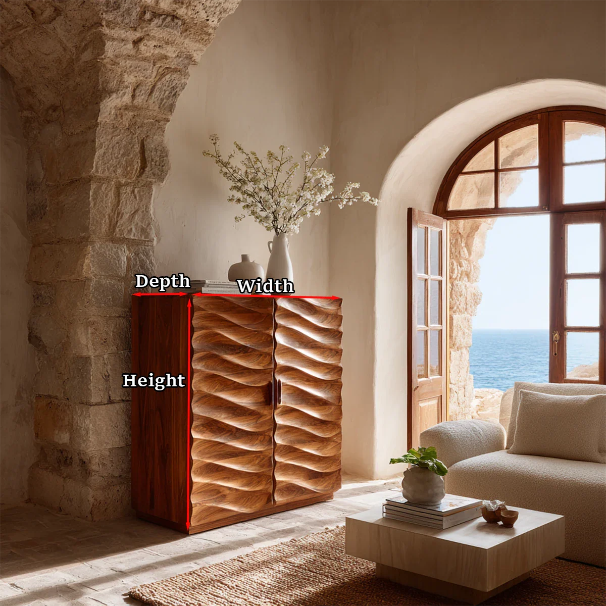 Statement sideboard cabinet with layered wave carving and clean architectural silhouette