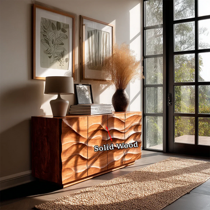 Modern wood sideboard featuring sculpted panel detailing and balanced cabinet storage