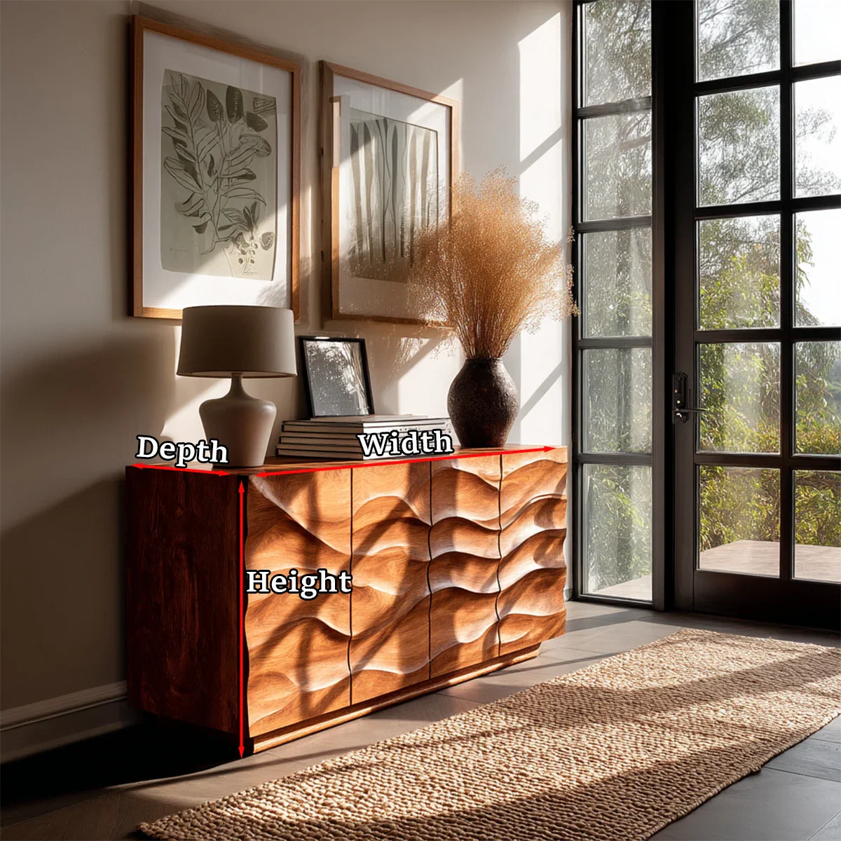 Sculptural buffet cabinet with artistic wave texture and contemporary storage appeal