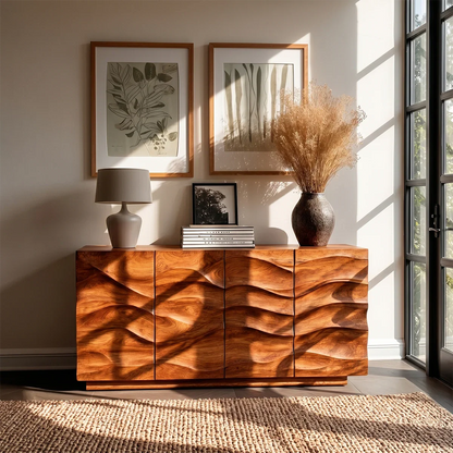 Modern buffet cabinet with sculptural front detailing and spacious hidden organization