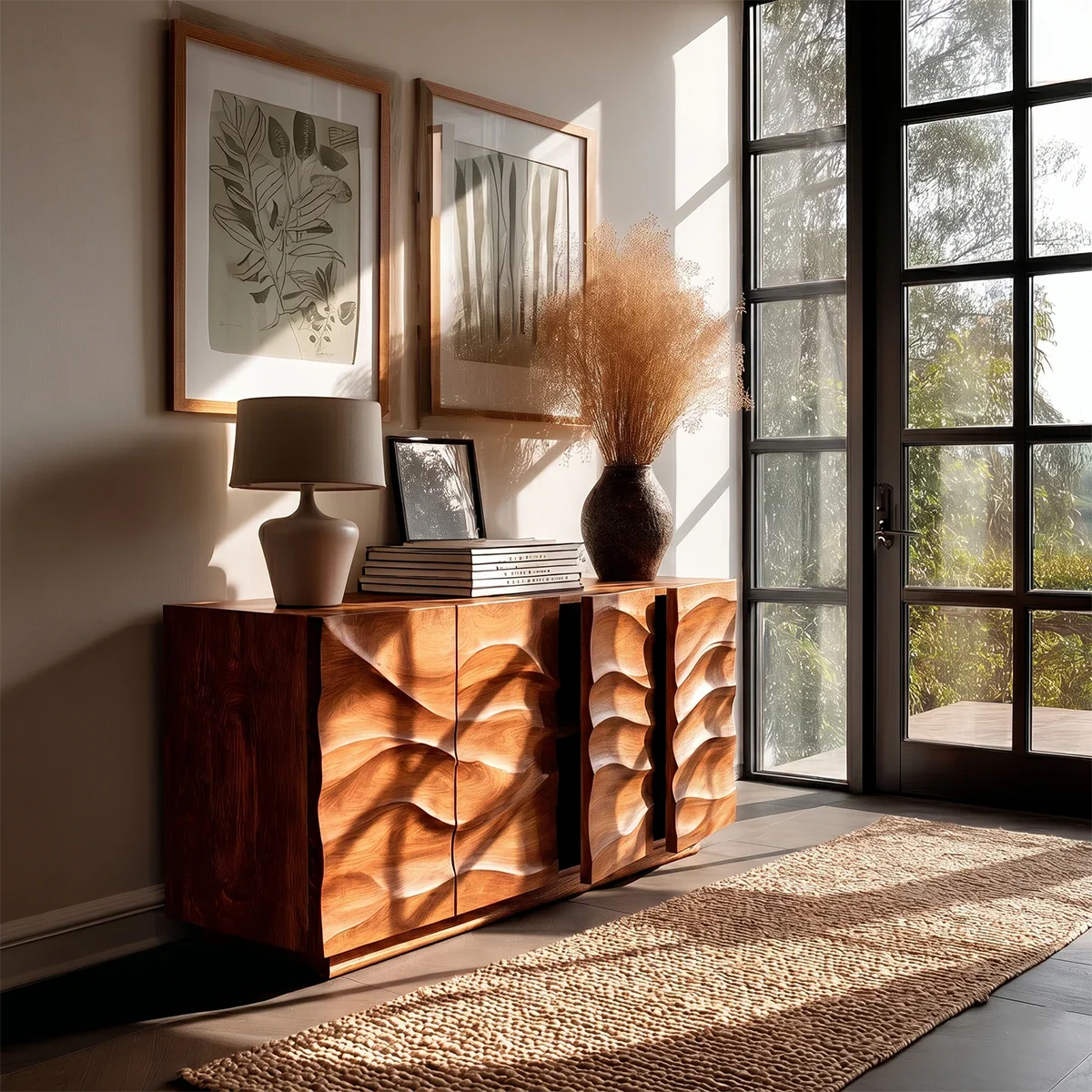 Artistic storage cabinet with dimensional wave doors and refined contemporary silhouette