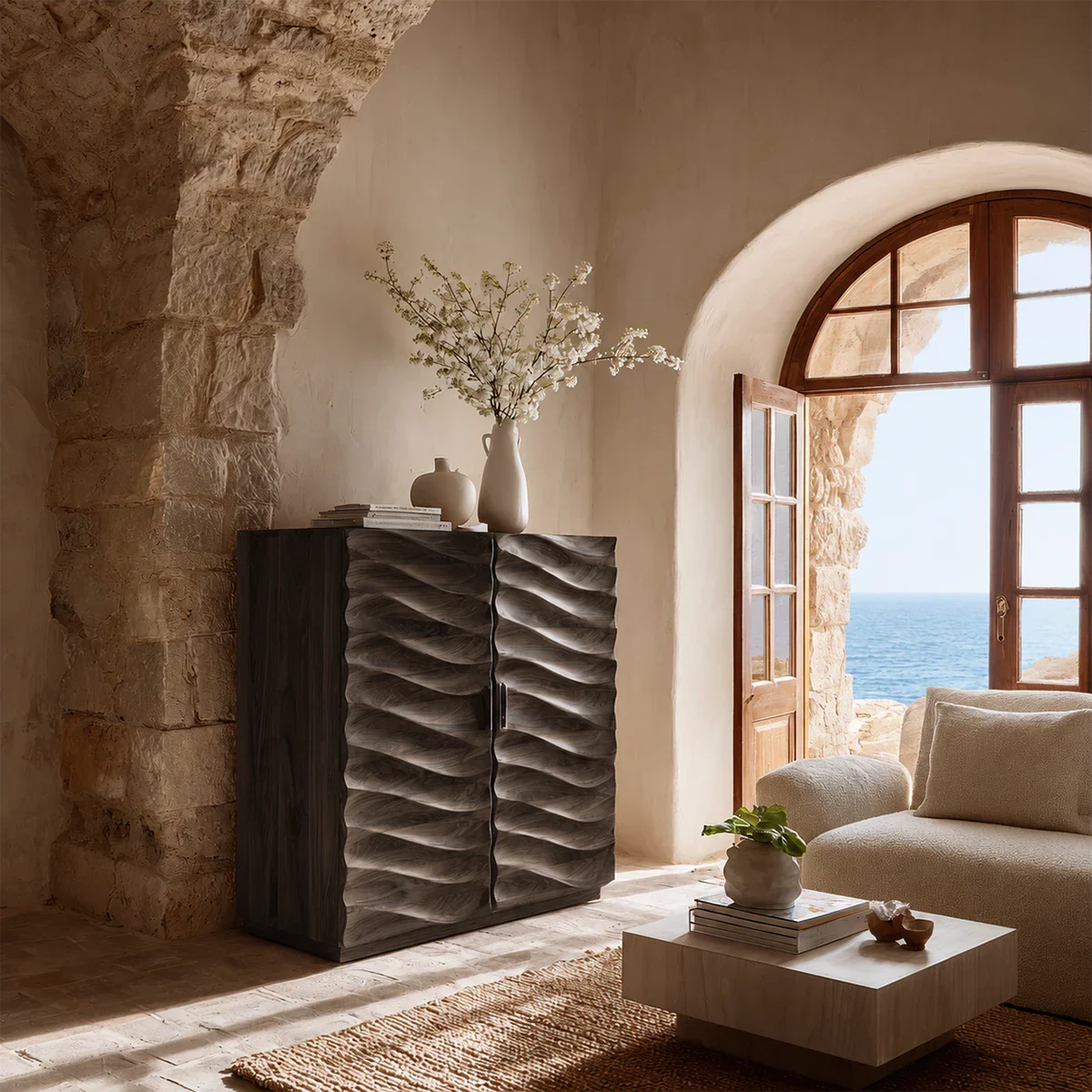 Decorative buffet sideboard with handcrafted sculpted front and luxury interior presence