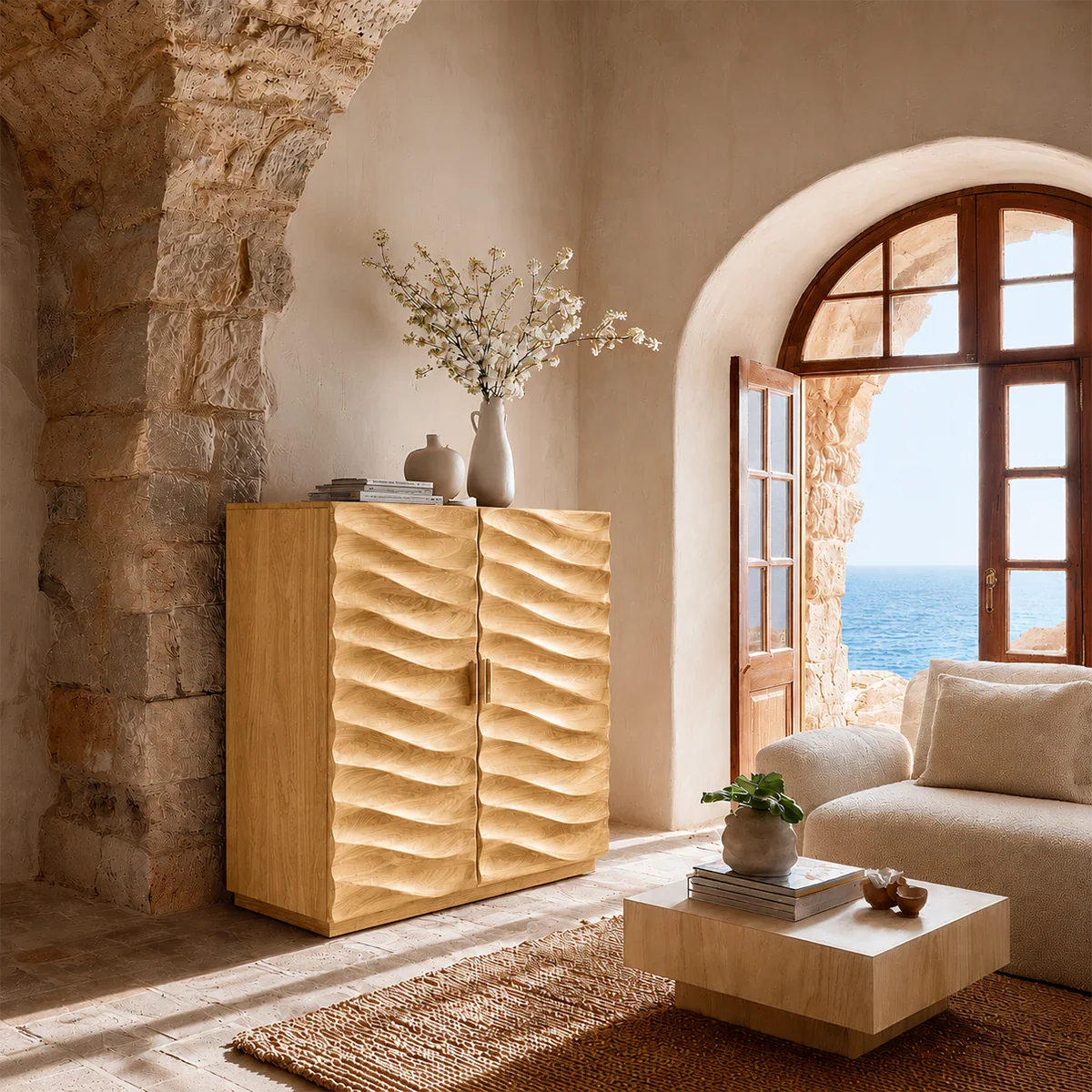 Textured modern sideboard cabinet designed for sophisticated Mediterranean style interiors