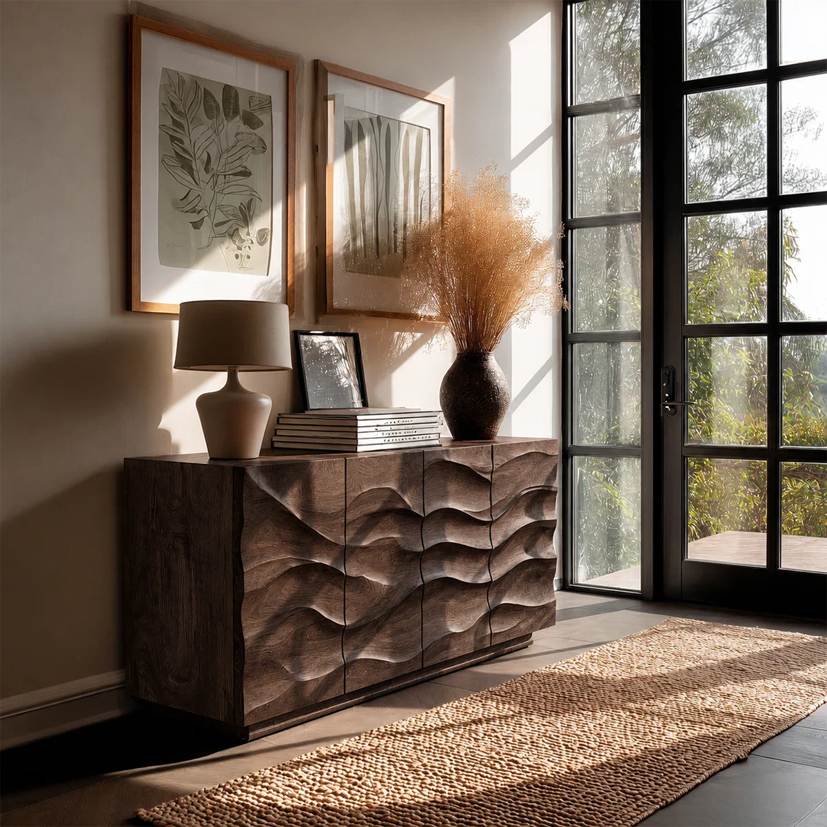 Statement buffet sideboard with sculpted detailing for sophisticated living room interiors
