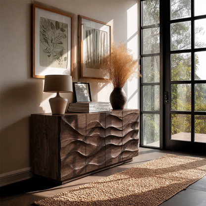 Statement buffet sideboard with sculpted detailing for sophisticated living room interiors