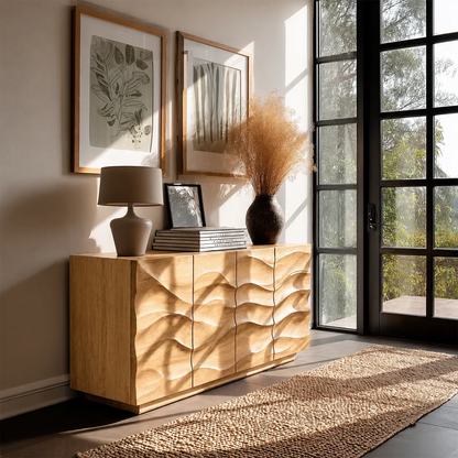 Contemporary credenza cabinet with layered wave texture and seamless storage design