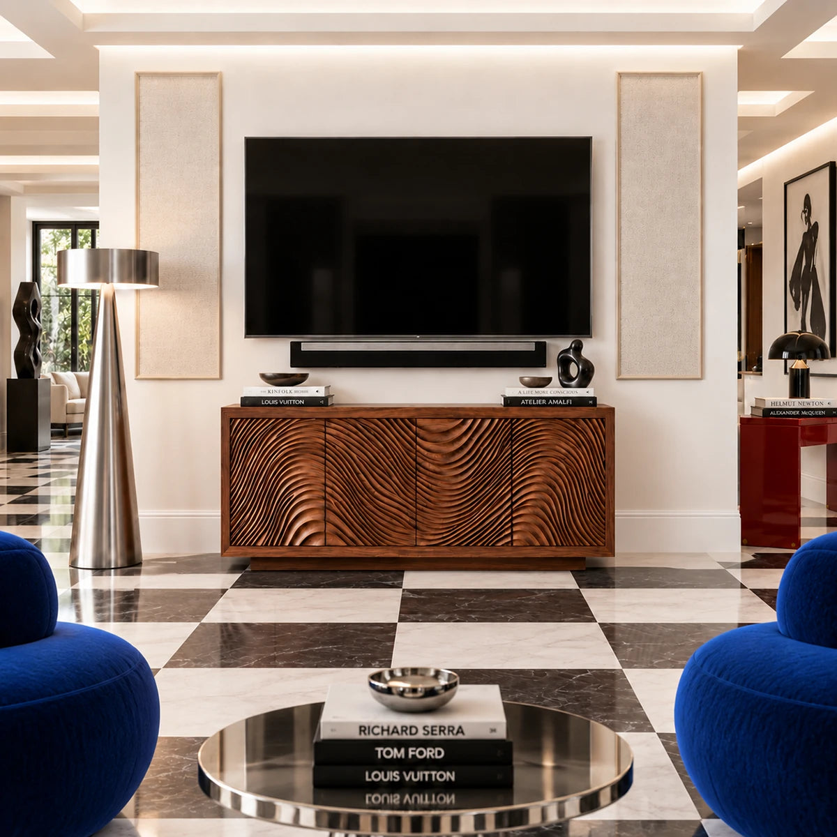 Refined media unit in natural solid wood with sculptural front door texture detail