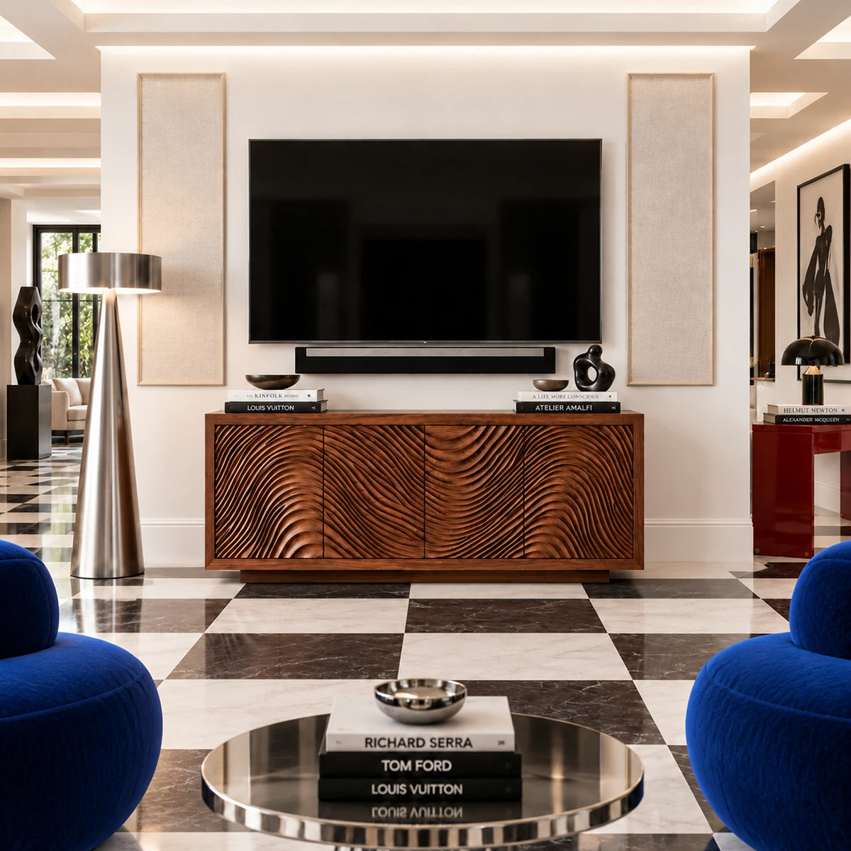 A TV cabinet in natural solid wood with four doors and rich walnut tone finish style