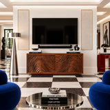 A TV cabinet in natural solid wood with four doors and rich walnut tone finish style