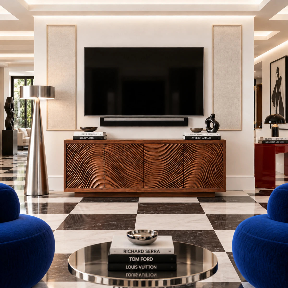 Minimal console for TV in natural solid wood with carved fronts and storage space